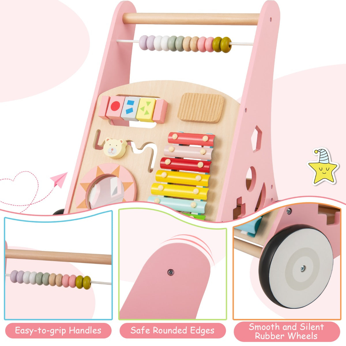 LIVSK Houten Baby Loopwagen - Met Speelactiviteiten en Opbergruimte - Ergonomisch Ontwerp - Voor 1+ Jaar - Roze