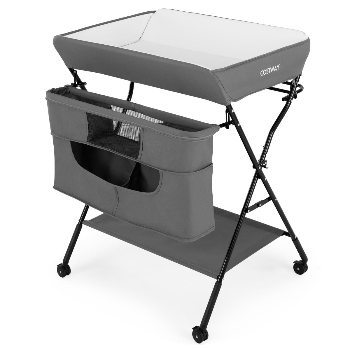 Livsk costway baby opklapbare luiertafel met wielen 4 in 1 pasgeboren babykamer organisator met 3 standen verstelbare hoogte grijs