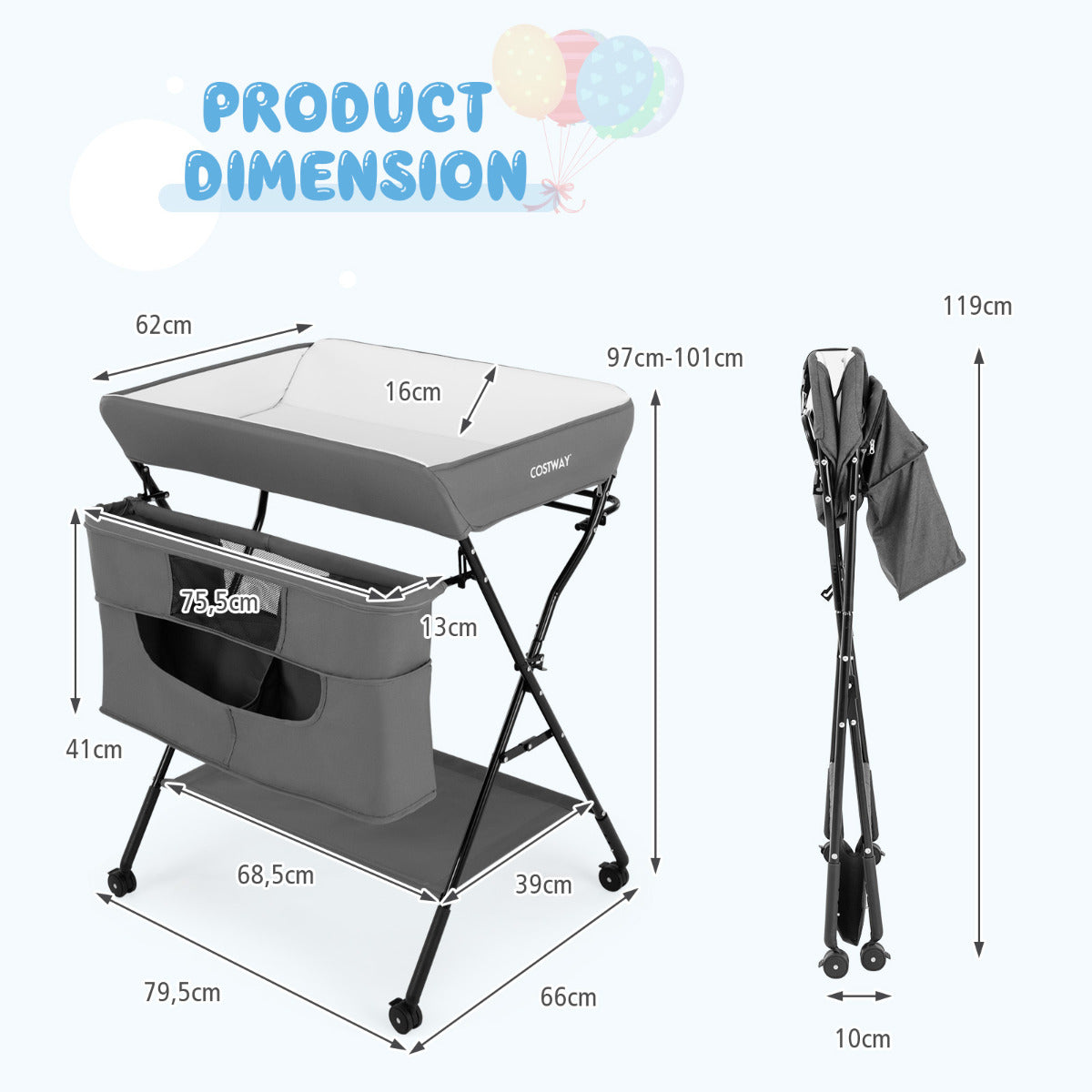 Livsk costway baby opklapbare luiertafel met wielen 4 in 1 pasgeboren babykamer organisator met 3 standen verstelbare hoogte grijs 2