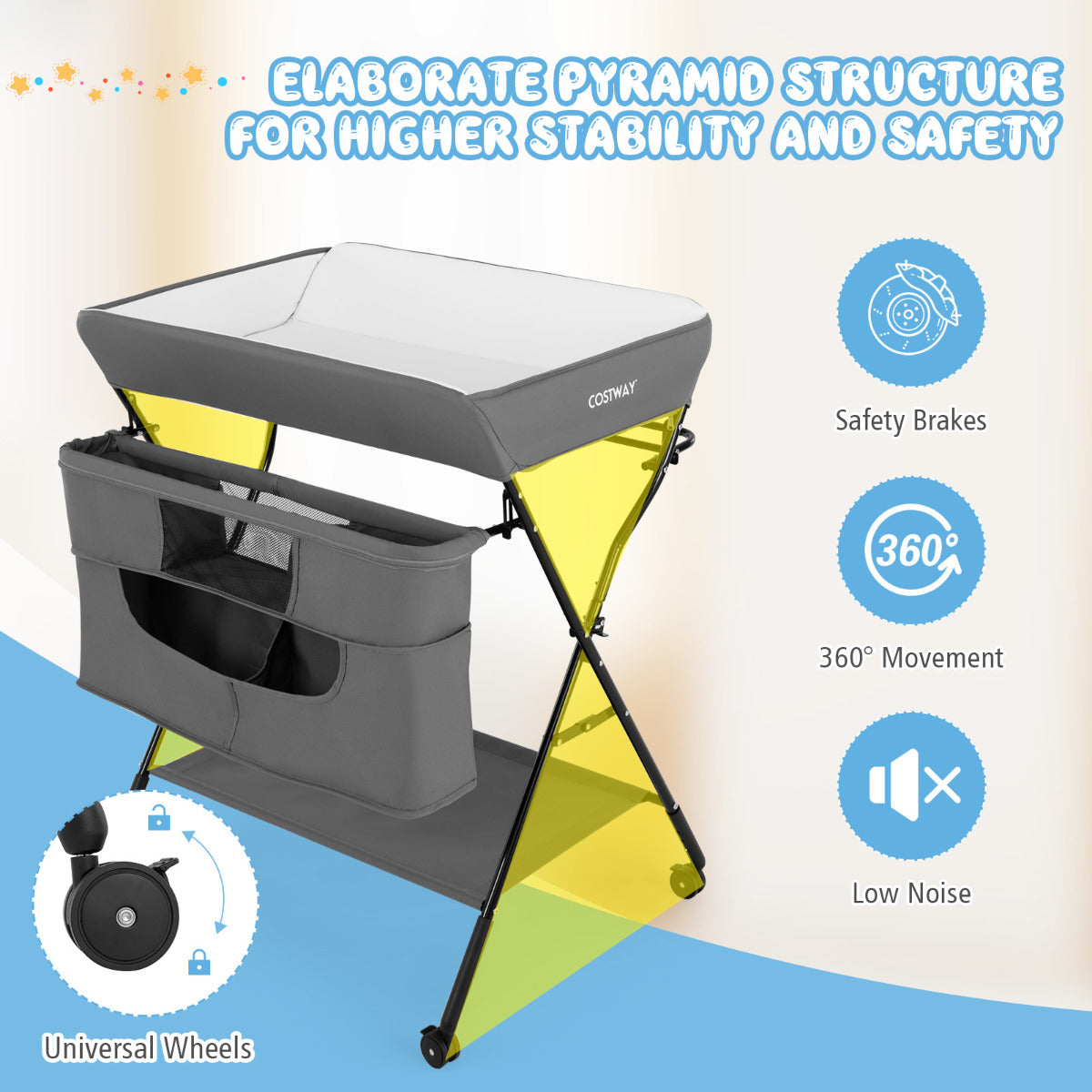 Livsk costway baby opklapbare luiertafel met wielen 4 in 1 pasgeboren babykamer organisator met 3 standen verstelbare hoogte grijs 4