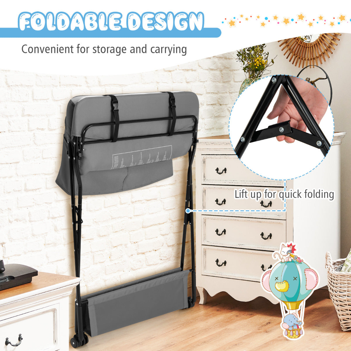 Livsk costway baby opklapbare luiertafel met wielen 4 in 1 pasgeboren babykamer organisator met 3 standen verstelbare hoogte grijs 6