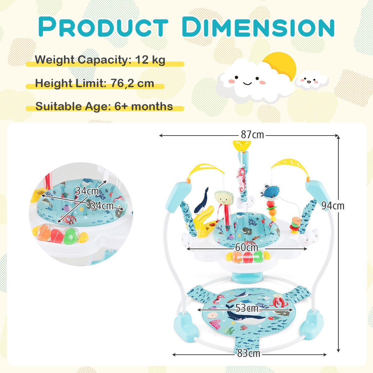 LIVSK Babyjumper - 3 Verstelbare Hoogtes - 360° Draaibaar - Interactieve Speeltjes - Veilig en Comfortabel - Lichtblauw + Wit