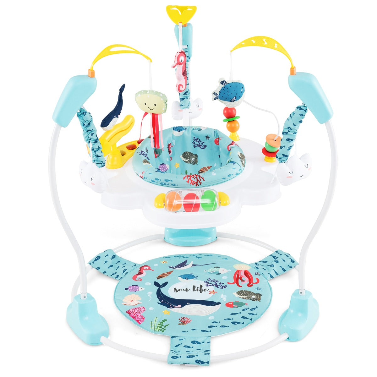 LIVSK Babyjumper - 3 Verstelbare Hoogtes - 360° Draaibaar - Interactieve Speeltjes - Veilig en Comfortabel - Lichtblauw + Wit