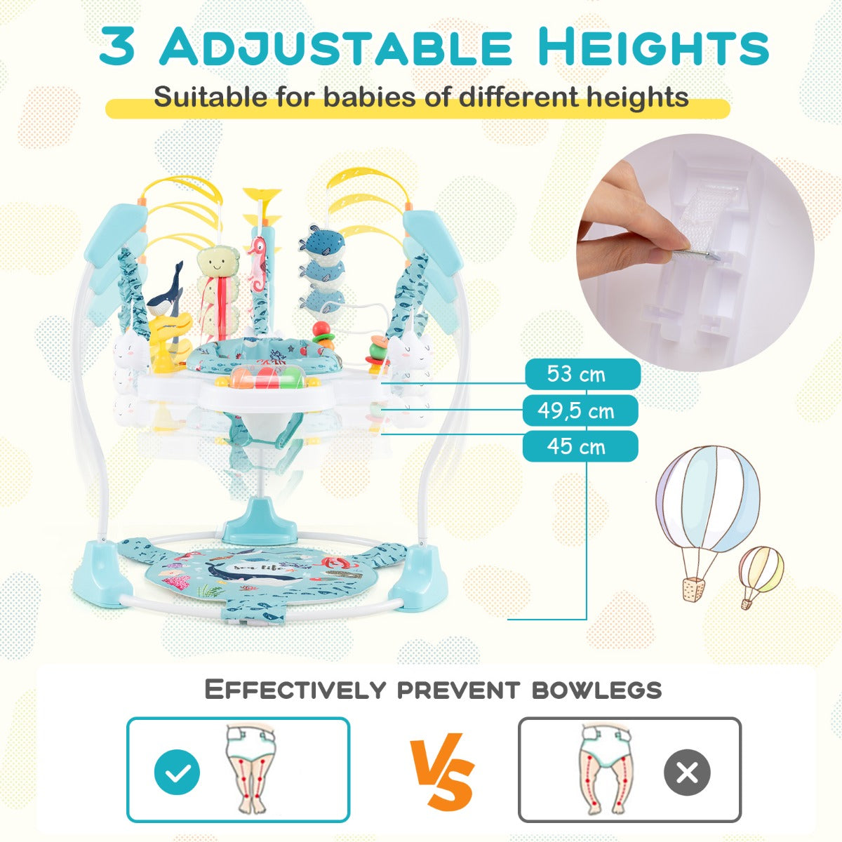 LIVSK Babyjumper - 3 Verstelbare Hoogtes - 360° Draaibaar - Interactieve Speeltjes - Veilig en Comfortabel - Lichtblauw + Wit