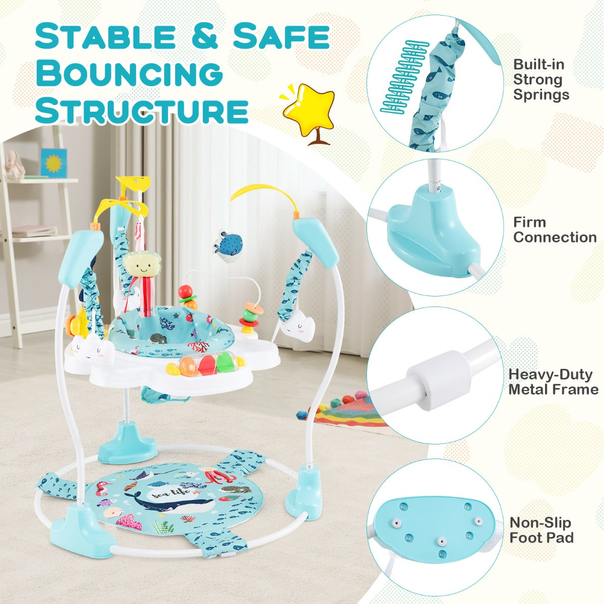 LIVSK Babyjumper - 3 Verstelbare Hoogtes - 360° Draaibaar - Interactieve Speeltjes - Veilig en Comfortabel - Lichtblauw + Wit
