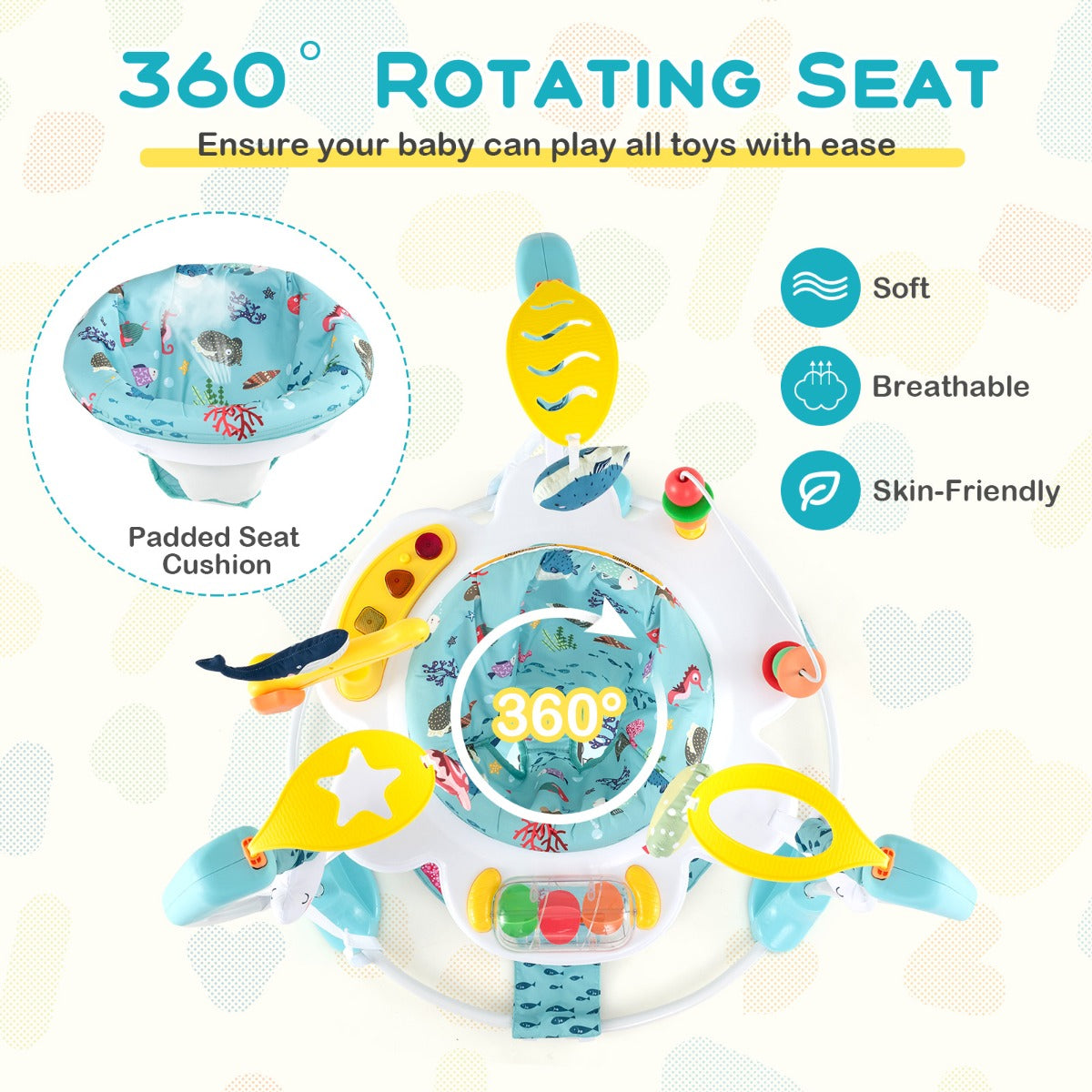 LIVSK Babyjumper - 3 Verstelbare Hoogtes - 360° Draaibaar - Interactieve Speeltjes - Veilig en Comfortabel - Lichtblauw + Wit