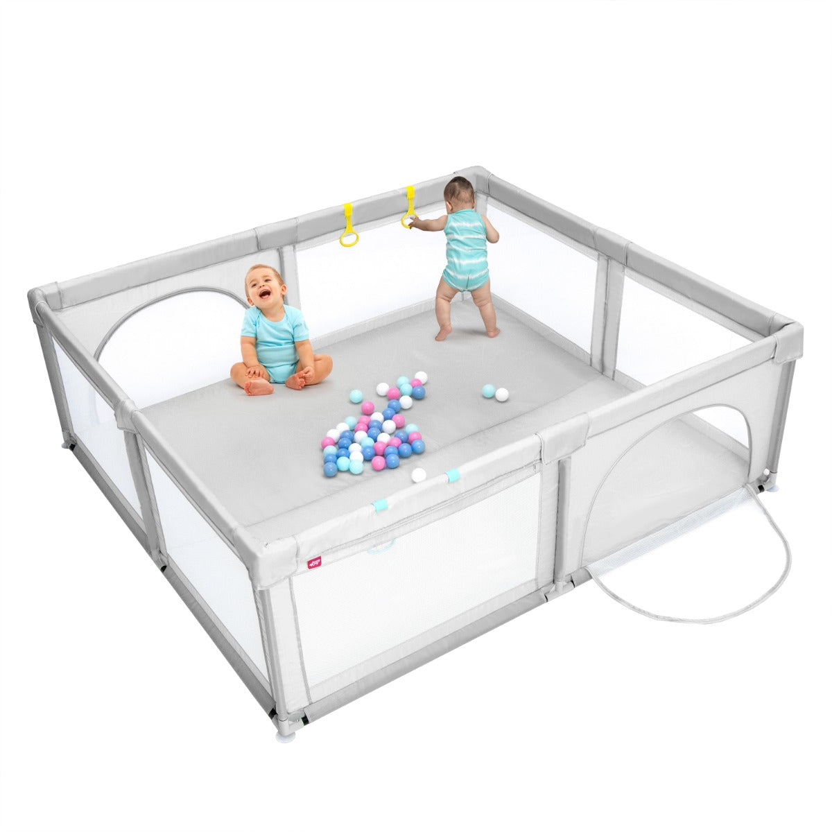 LIVSK Grote Draagbare Baby Speelbox - 206 x 185,5 x 68 cm - 50 Kleurrijke Ballen - Antislip Zuignappen - 360° Zicht - Grijs