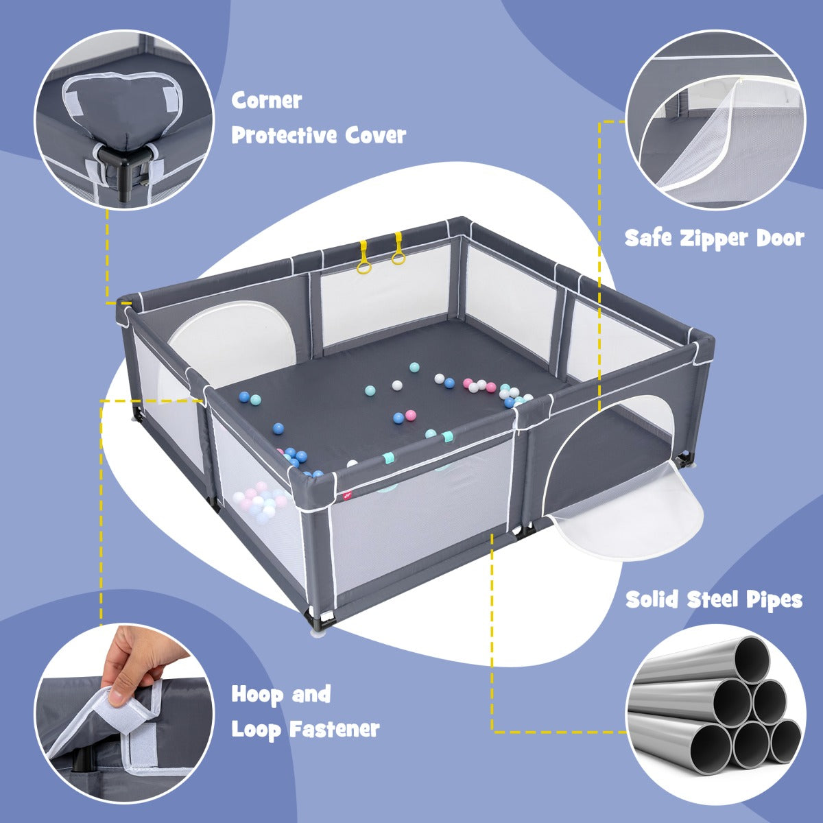Livsk costway baby speelbox grote babybox draagbare box met opvouwbaar babymat grondbox 206 x 1855 x 68 cm donkergrijs panda speelmat 4