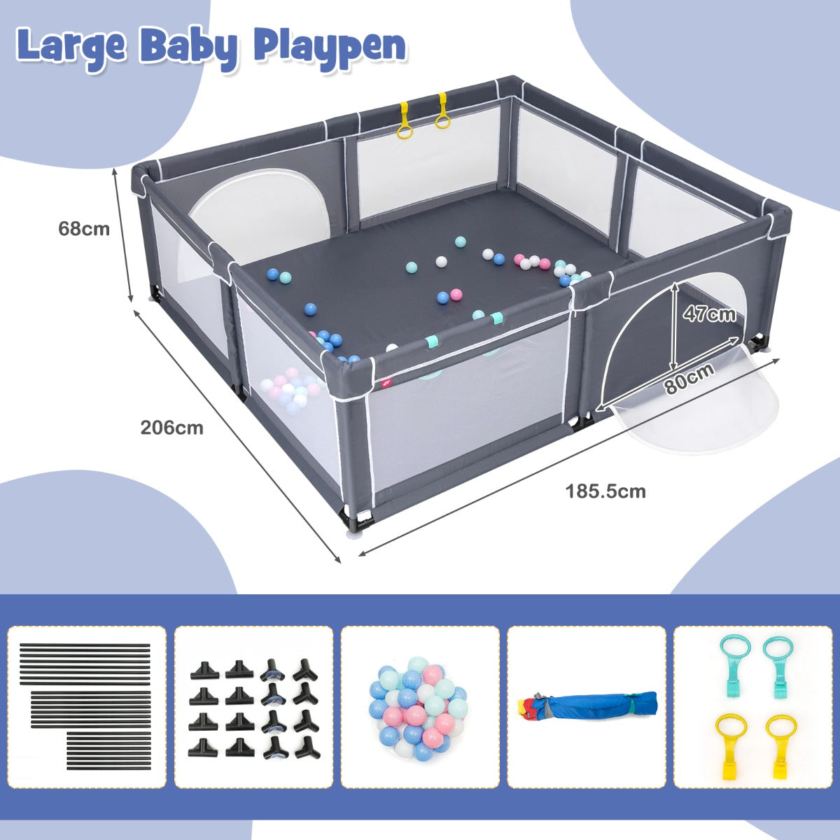 Livsk costway baby speelbox grote babybox draagbare box met opvouwbaar babymat grondbox 206 x 1855 x 68 cm donkergrijs speelmat roze 1 1
