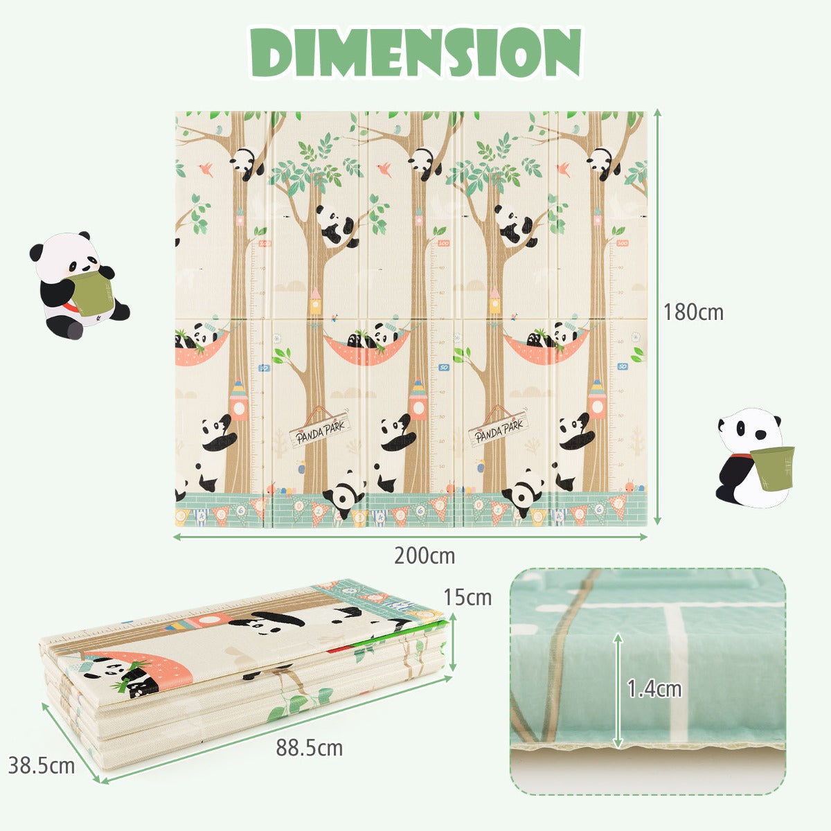 Livsk costway baby speelbox grote babybox draagbare box met opvouwbaar babymat grondbox 206 x 1855 x 68 cm grijs panda speelmat 3