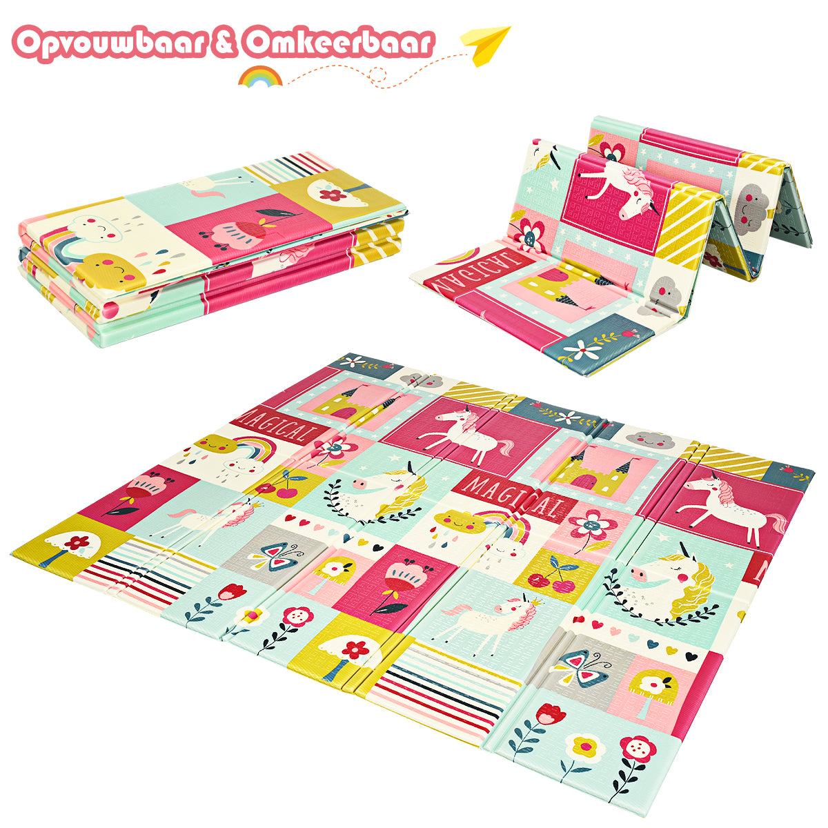 Livsk costway baby speelbox grote babybox draagbare box met opvouwbaar babymat grondbox 206 x 1855 x 68 cm grijs speelmat roze 3