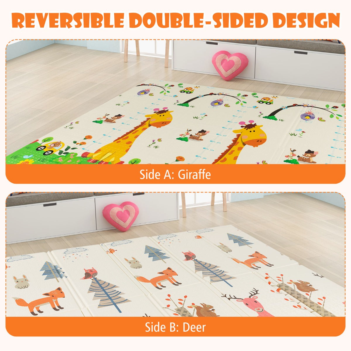 LIVSK Opvouwbare Babymat - Extra Groot 200 x 180 cm - Omkeerbaar met Dierenmotieven - Waterdicht - Draagtas - Meerkleurig