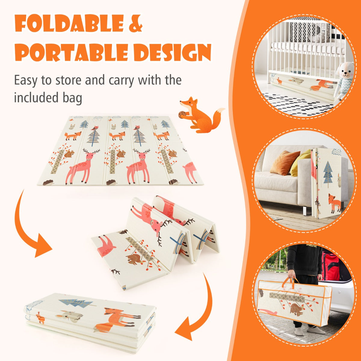 LIVSK Opvouwbare Babymat - Extra Groot 200 x 180 cm - Omkeerbaar met Dierenmotieven - Waterdicht - Draagtas - Meerkleurig