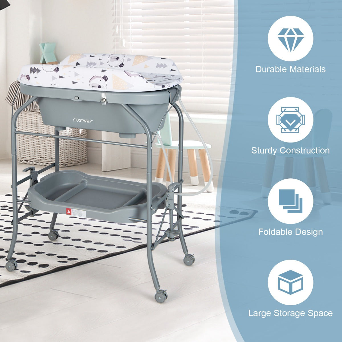 LIVSK 4-in-1 Baby Verschoontafel met Badje - Ergonomisch - Opvouwbaar - Opbergvakken - Waterafvoersysteem - Grijs