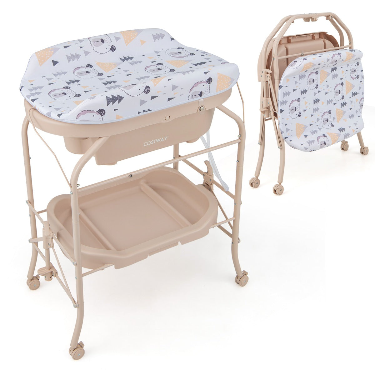 LIVSK 4-in-1 Baby Verschoontafel met Badkuip - Rugontlastend - Opvouwbaar en Beweegbaar - Met Opbergvakken - Beige