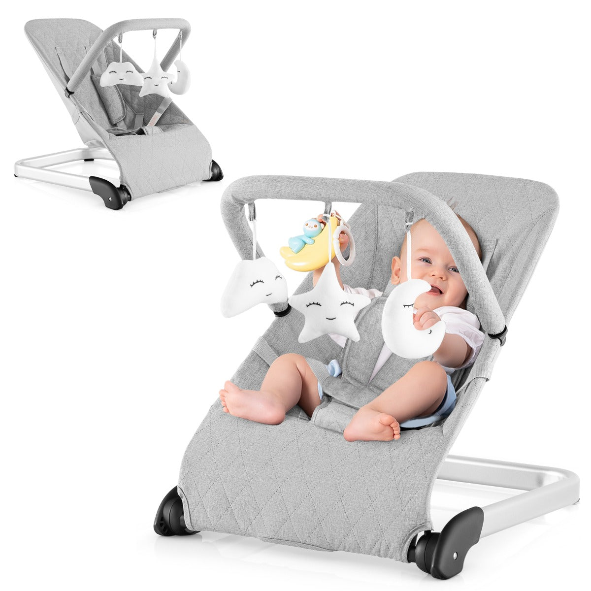 LIVSK draagbare wipstoel - Natuurlijk schommelen - Ergonomisch ontwerp - Opvouwbaar - 5-puntsharnas - Tot 9 kg - Grijs