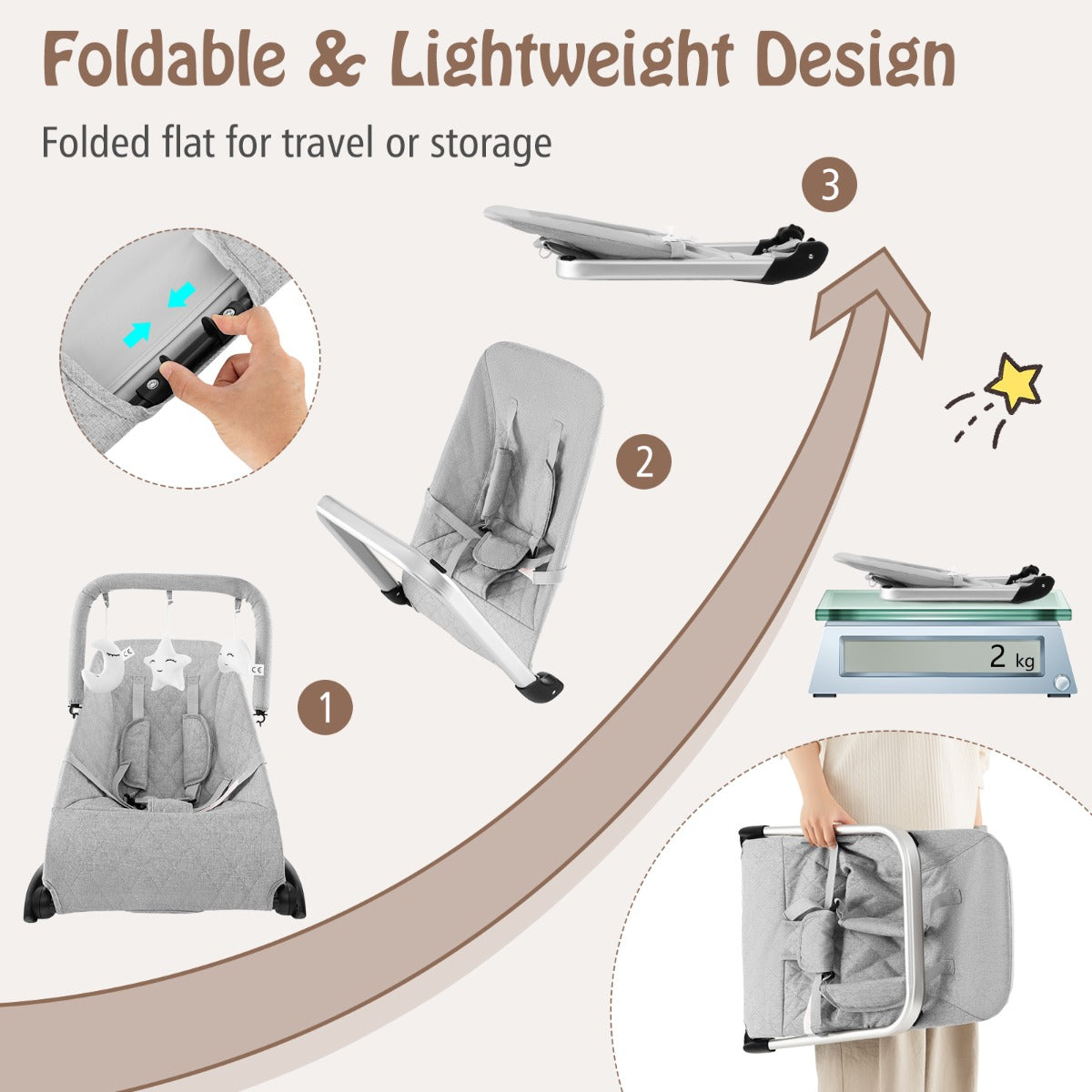LIVSK draagbare wipstoel - Natuurlijk schommelen - Ergonomisch ontwerp - Opvouwbaar - 5-puntsharnas - Tot 9 kg - Grijs