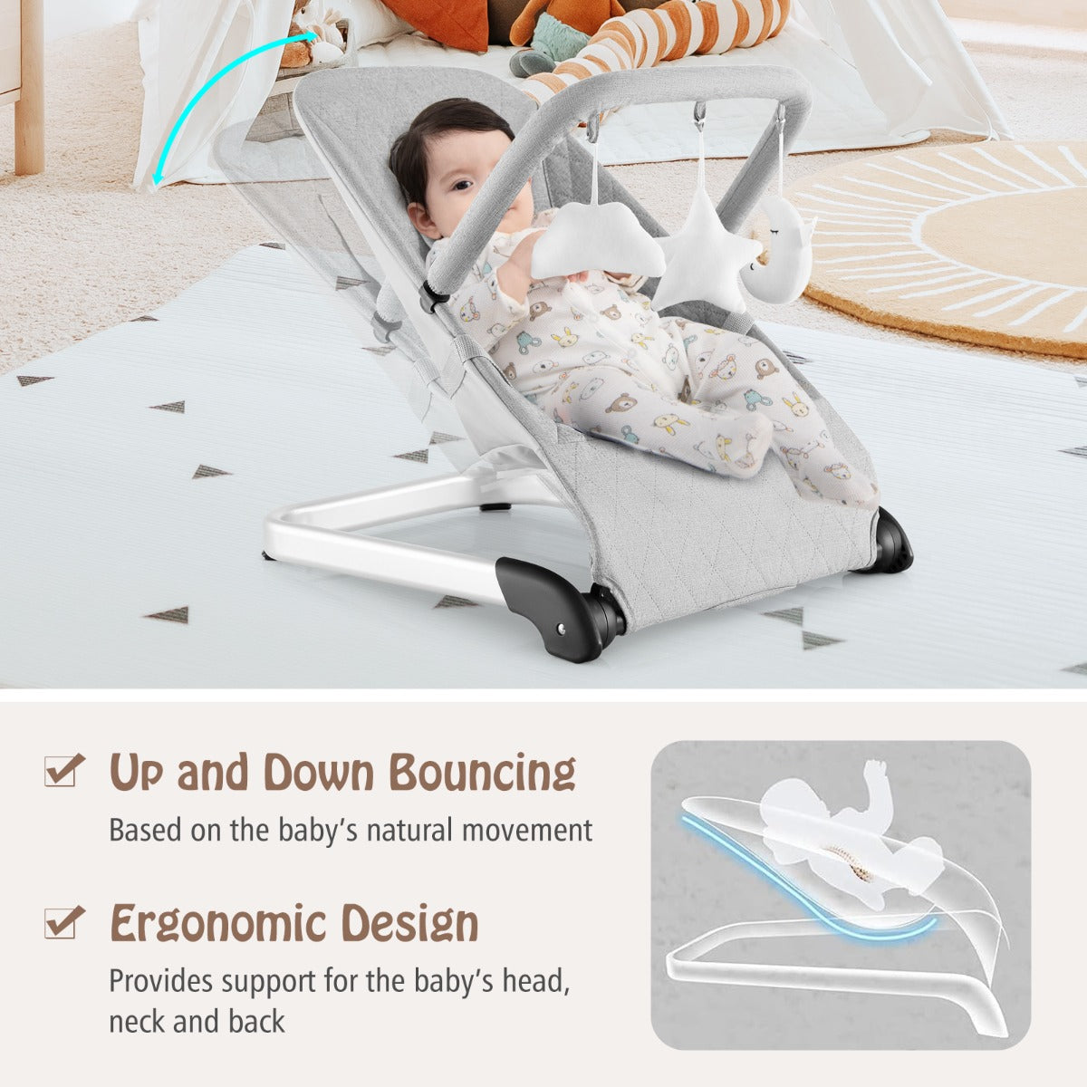 LIVSK draagbare wipstoel - Natuurlijk schommelen - Ergonomisch ontwerp - Opvouwbaar - 5-puntsharnas - Tot 9 kg - Grijs