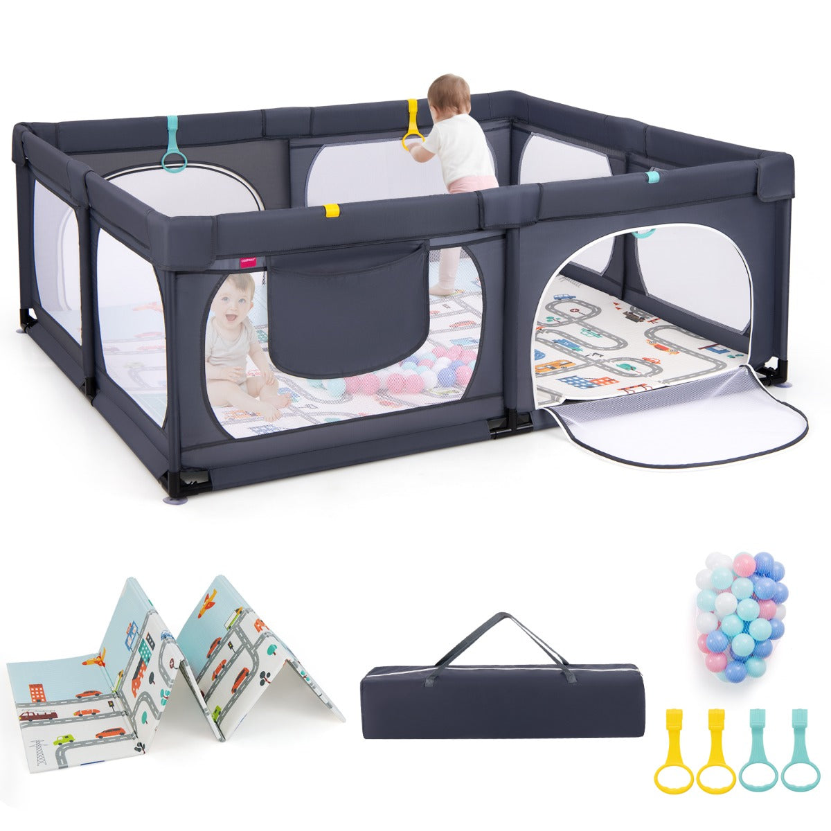 LIVSK Speelbox voor Kinderen 0-3 Jaar - 4 Trekringen - 50 Oceaanballen - Ritsdeur - Antislip Mat - 189 x 158 x 68 cm - Donkergrijs