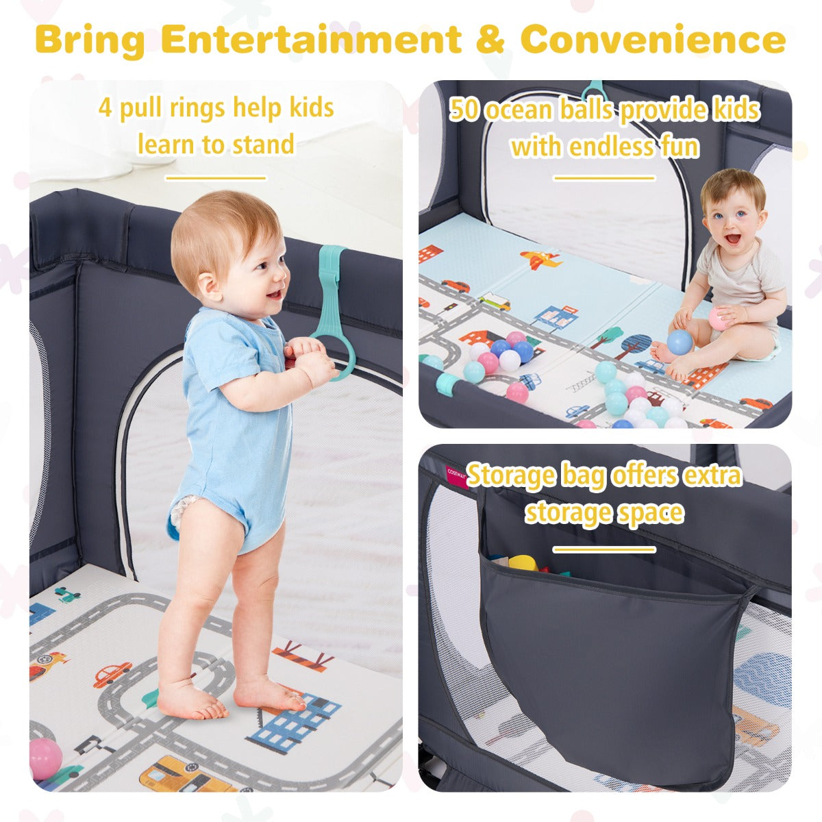 LIVSK Speelbox voor Kinderen 0-3 Jaar - 4 Trekringen - 50 Oceaanballen - Ritsdeur - Antislip Mat - 189 x 158 x 68 cm - Donkergrijs