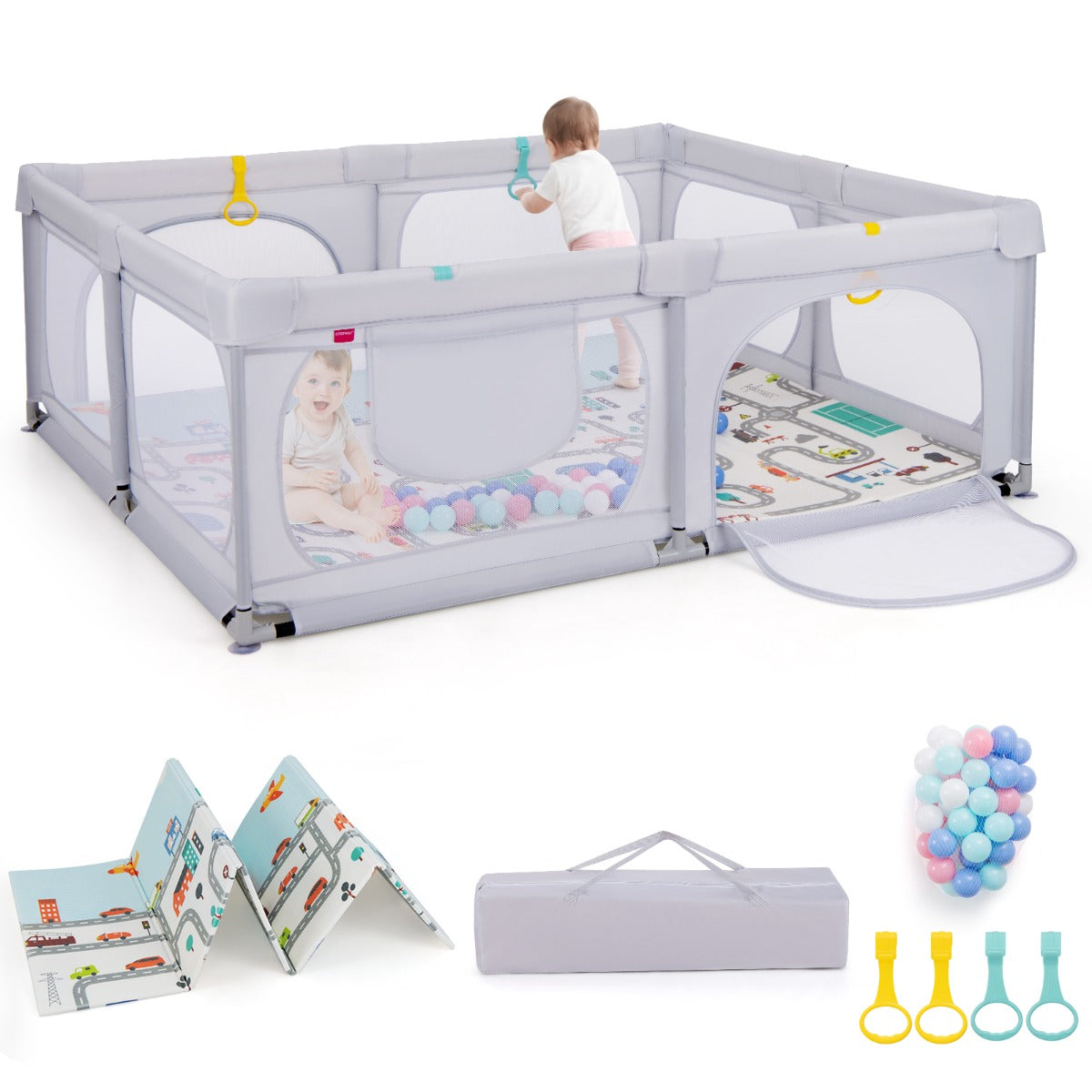 LIVSK Grondbox voor Kinderen - Inclusief 50 Oceaanballen en 4 Trekringen - Opvouwbare Antislipmat - Lichtgrijs