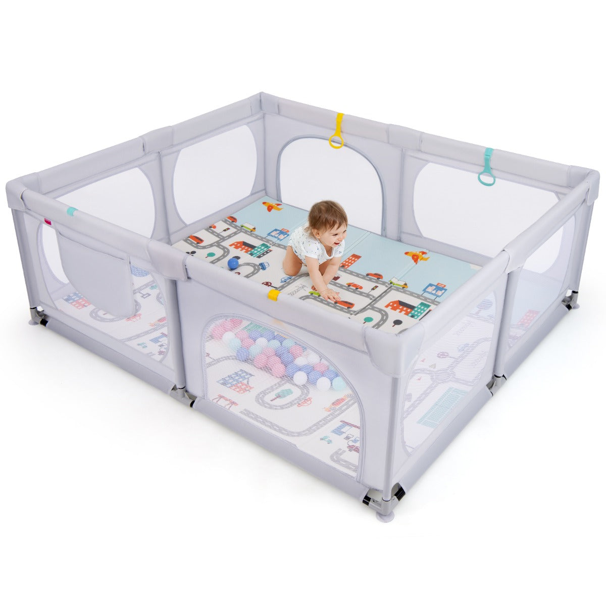 LIVSK Grondbox voor Kinderen - Inclusief 50 Oceaanballen en 4 Trekringen - Opvouwbare Antislipmat - Lichtgrijs