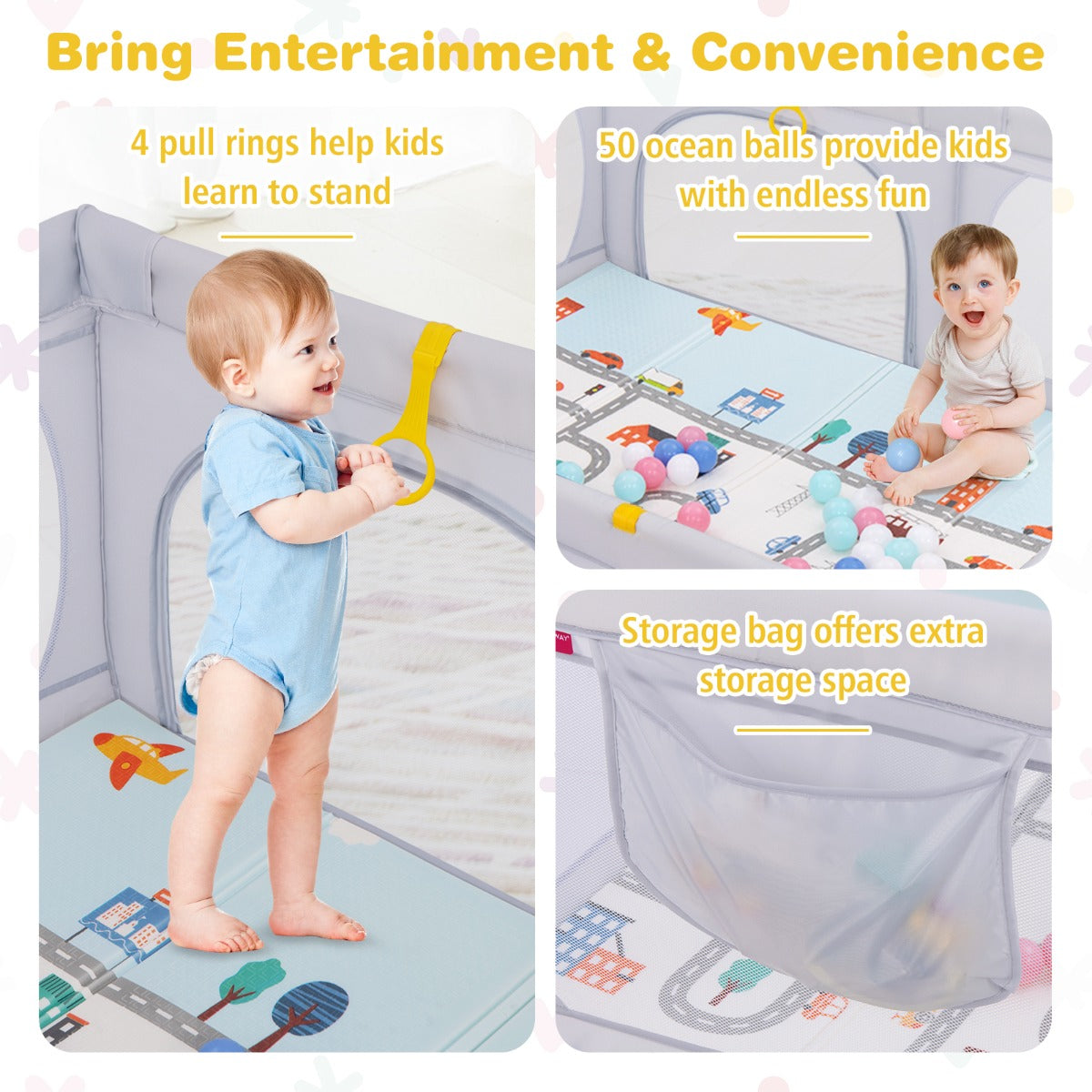 LIVSK Grondbox voor Kinderen - Inclusief 50 Oceaanballen en 4 Trekringen - Opvouwbare Antislipmat - Lichtgrijs