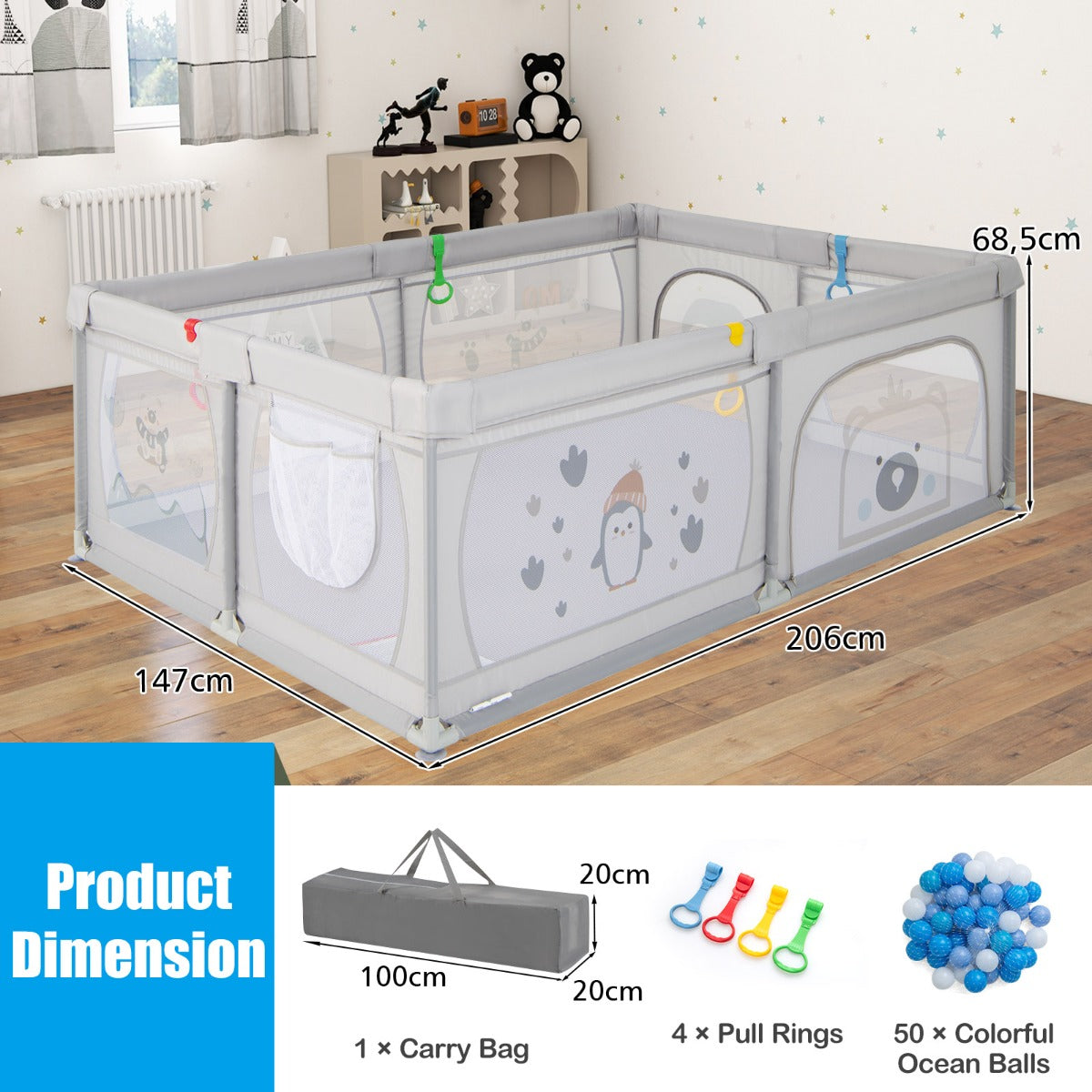 LIVSK Opvouwbare Speelbox - Veilig Speelgebied - Ritssluiting - Ademend - Inclusief 50 Ballen - 206 x 147 x 68,5 cm - Kleur Zie