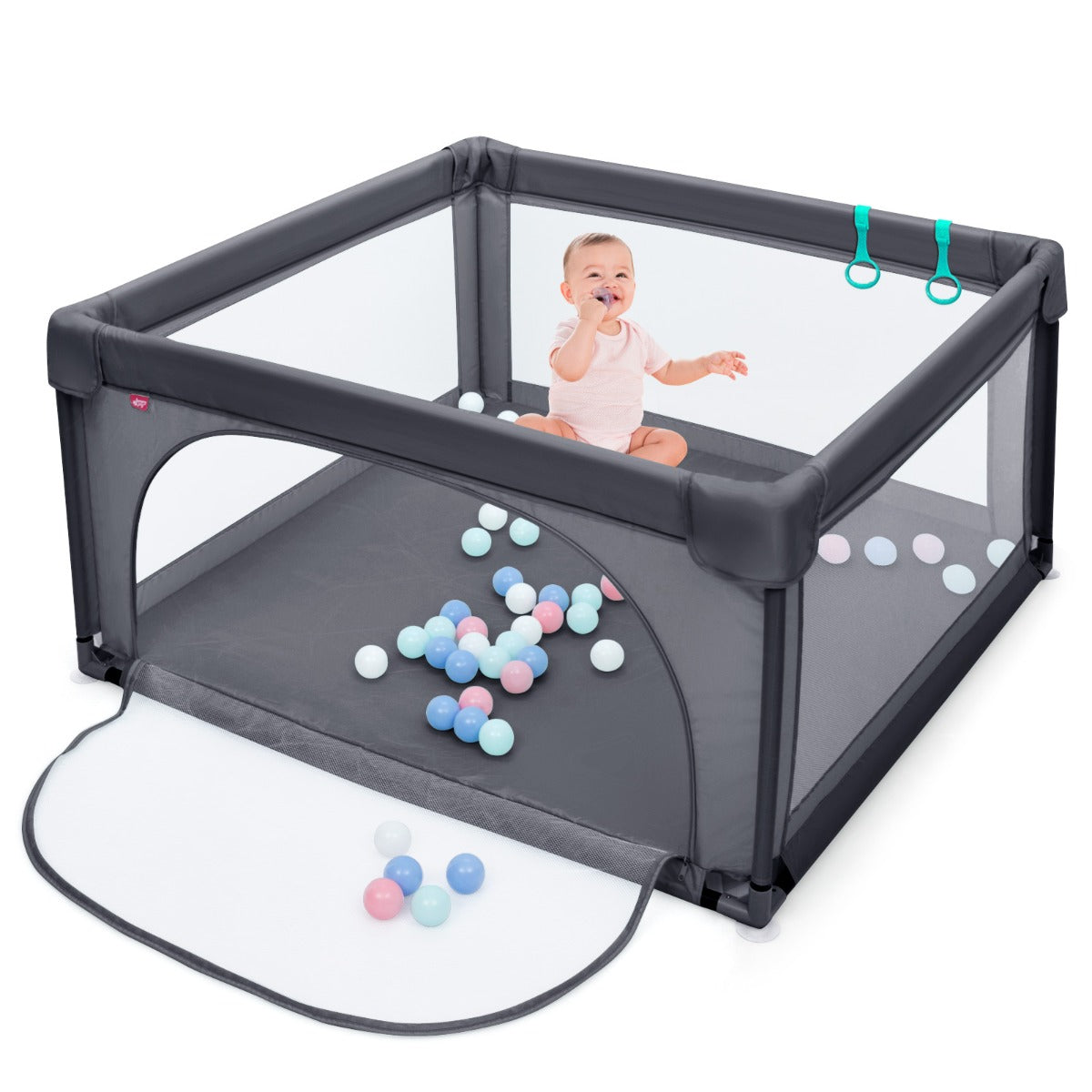 LIVSK Opvouwbare Speelbox - Duurzaam Staal - Ademend Gaas - 50 Kleurrijke Ballen - Tot 3 Jaar - 126 x 126 x 68 cm - Donkergrijs
