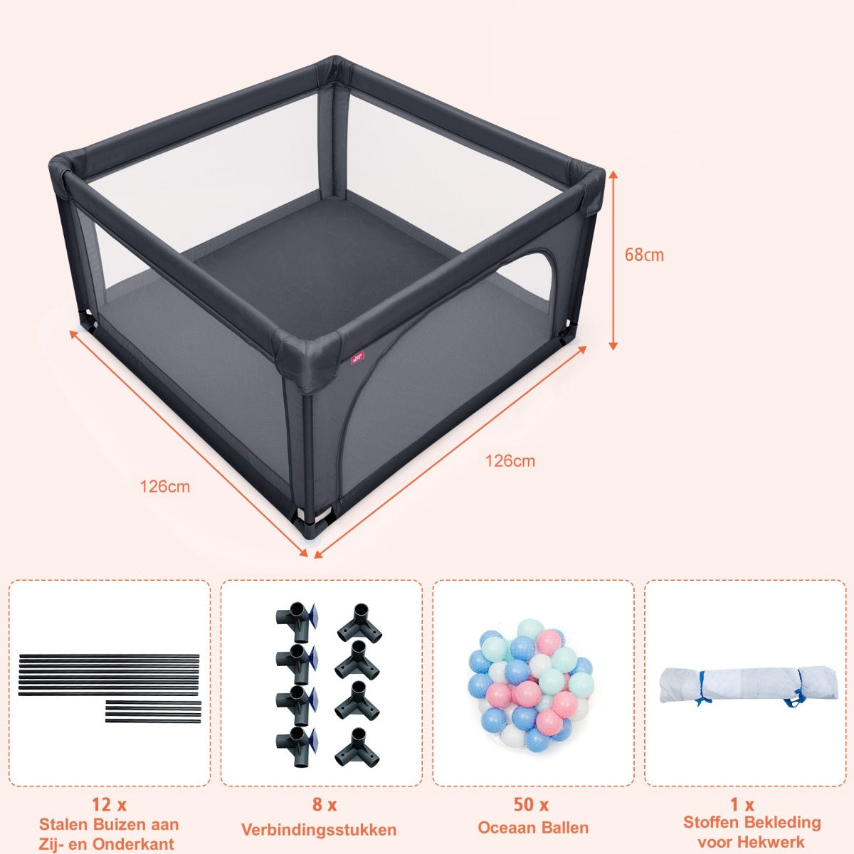LIVSK Opvouwbare Speelbox - Duurzaam Staal - Ademend Gaas - 50 Kleurrijke Ballen - Tot 3 Jaar - 126 x 126 x 68 cm - Donkergrijs