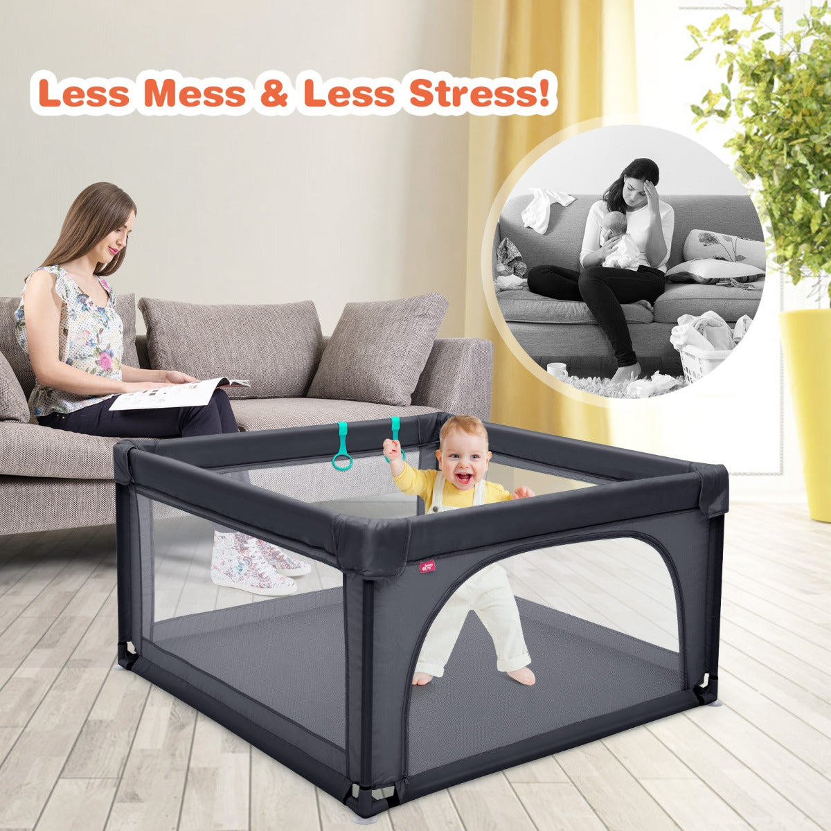 LIVSK Opvouwbare Speelbox - Duurzaam Staal - Ademend Gaas - 50 Kleurrijke Ballen - Tot 3 Jaar - 126 x 126 x 68 cm - Donkergrijs