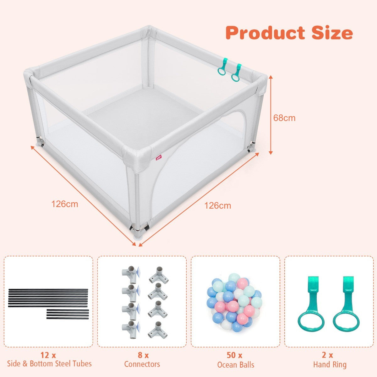 LIVSK Grote Baby Speelbox - Veilige Speelruimte 126 x 126 x 68 cm - Duurzaam Stalen Frame - Inclusief 50 Oceaanballen - Grijs