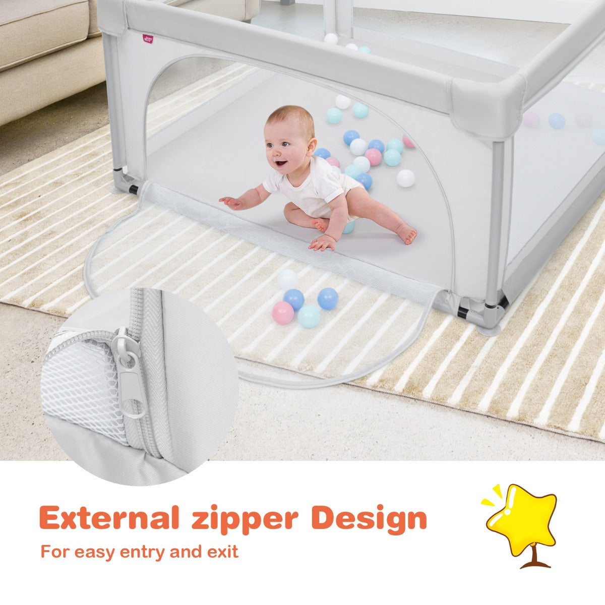 LIVSK Grote Baby Speelbox - Veilige Speelruimte 126 x 126 x 68 cm - Duurzaam Stalen Frame - Inclusief 50 Oceaanballen - Grijs