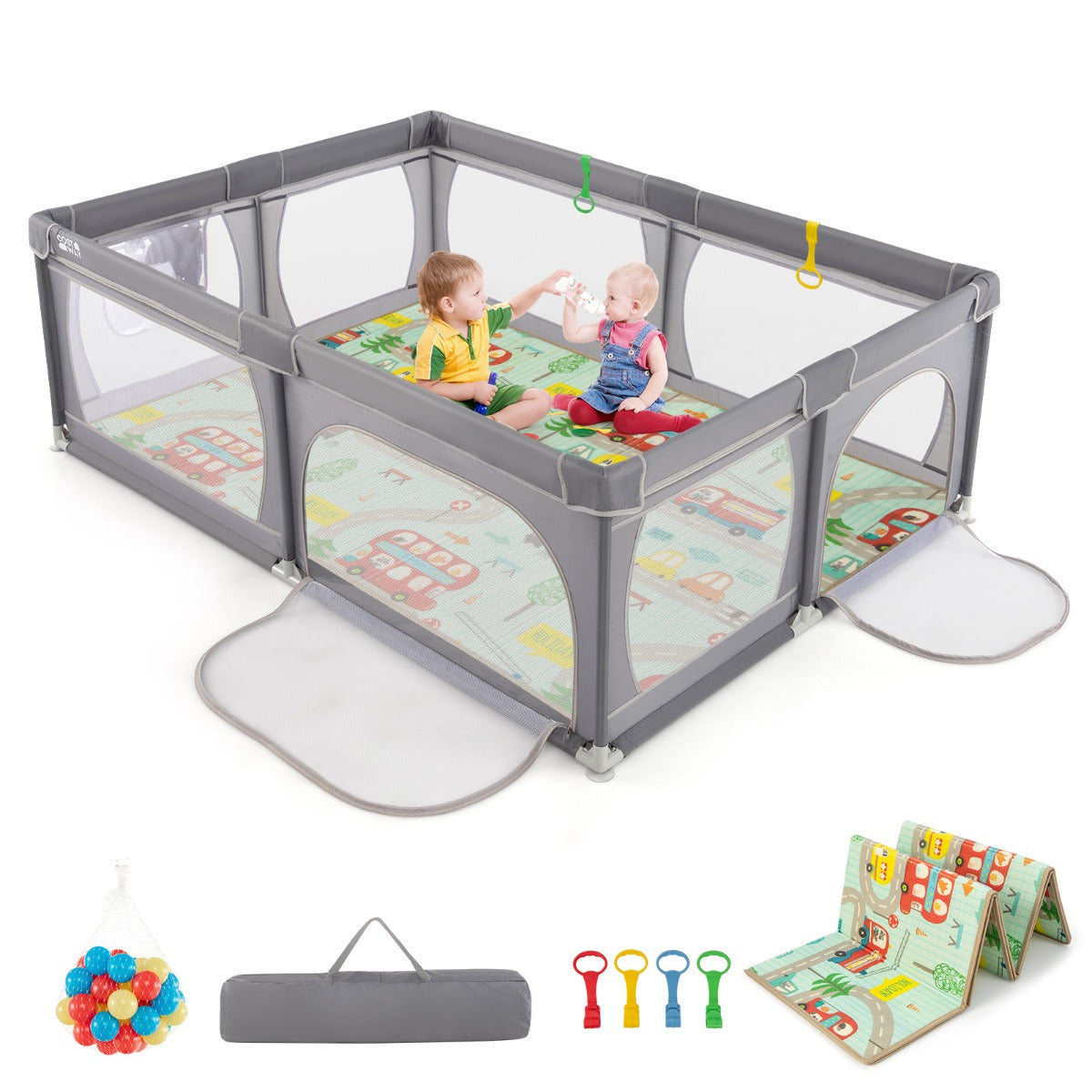 LIVSK Grondbox voor Baby's - Veilig en Ruim Speelgebied - Inclusief 50 Kleurrijke Ballen - Ademend Net - 206 x 147 x 68,5 cm -
