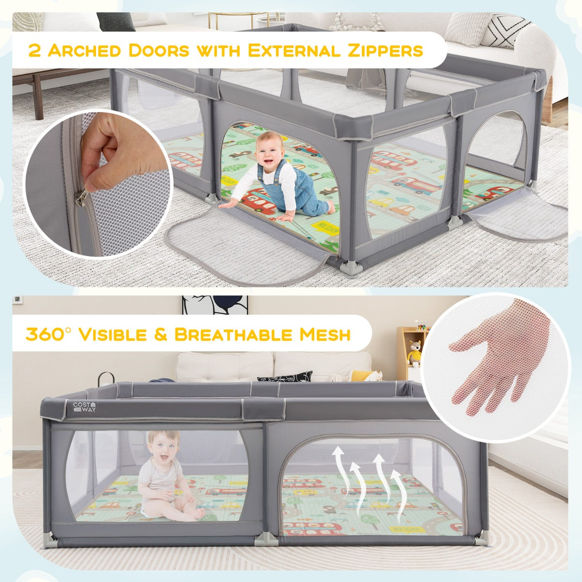 LIVSK Grondbox voor Baby's - Veilig en Ruim Speelgebied - Inclusief 50 Kleurrijke Ballen - Ademend Net - 206 x 147 x 68,5 cm -