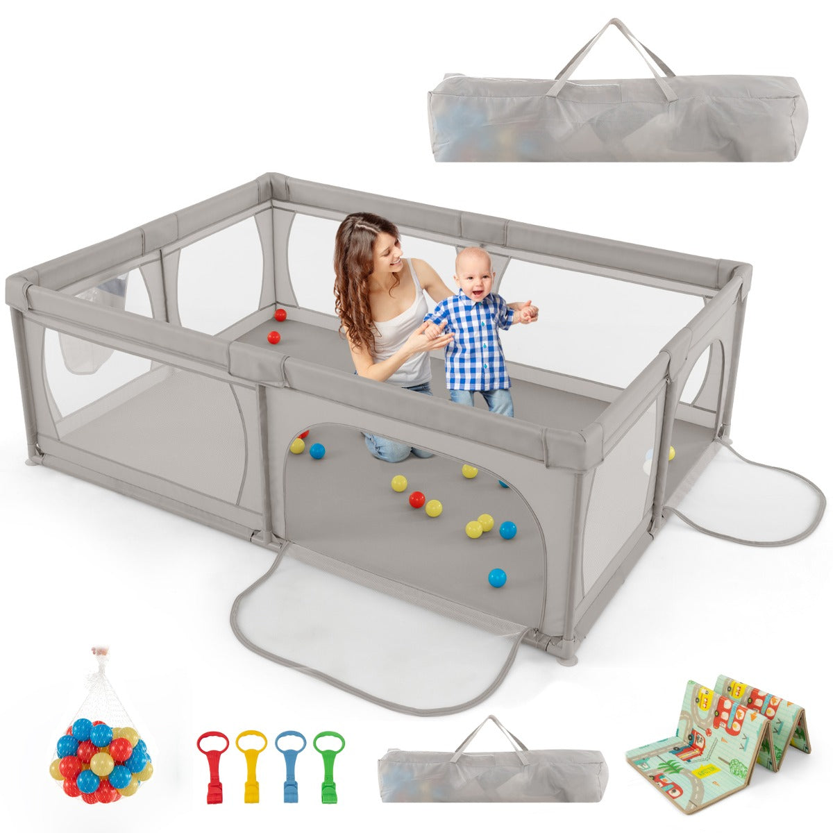 LIVSK Speelbox - Ritssluiting en Ademend Net - Inclusief 50 Kleurrijke Ballen - Veilig en Ruim - 206 x 147 x 68,5 cm - Grijs