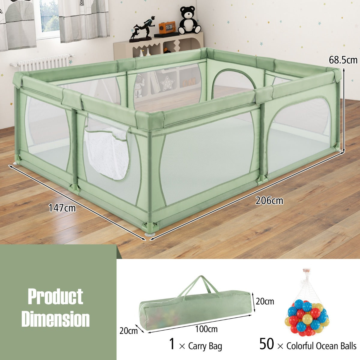 LIVSK Grondbox voor Baby's met Ritssluiting en 50 Ballen - Veilig en Ruim Speelgebied - Oxford-Stof - 206 x 147 x 68,5 cm - Blauw