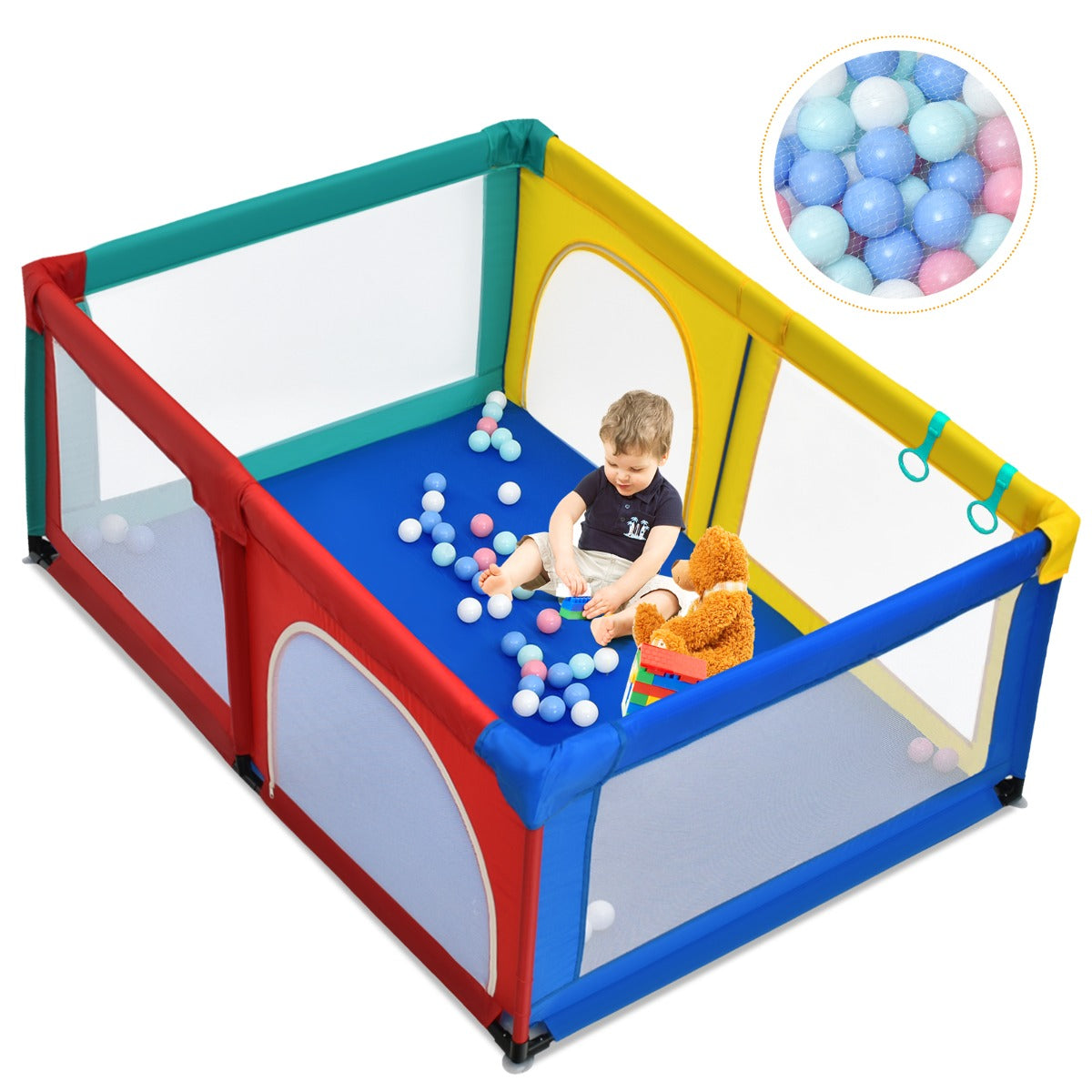 LIVSK Speelbox met 50 Oceaanballen - Ademend Net - Veilig en Niet-giftig - Eenvoudige Montage - 120 x 190 x 69 cm - Rood, Geel,