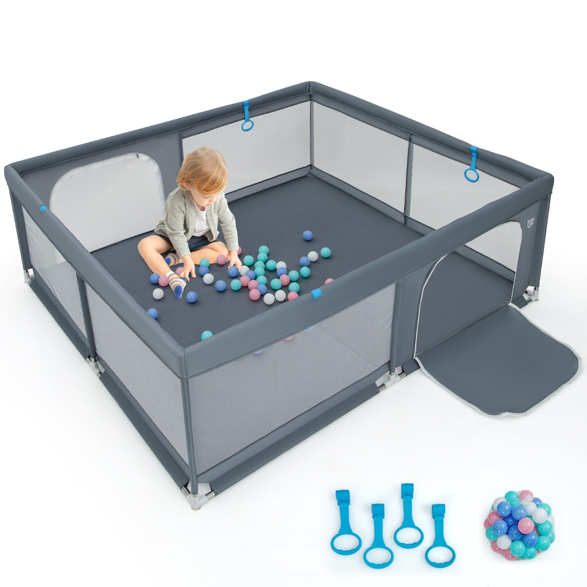 LIVSK Extra Grote Babybox - 200 x 180 x 68 cm - 50 Oceaanballen - Ademend Mesh - 4 Handgrepen - 2 Deuren - Grijs