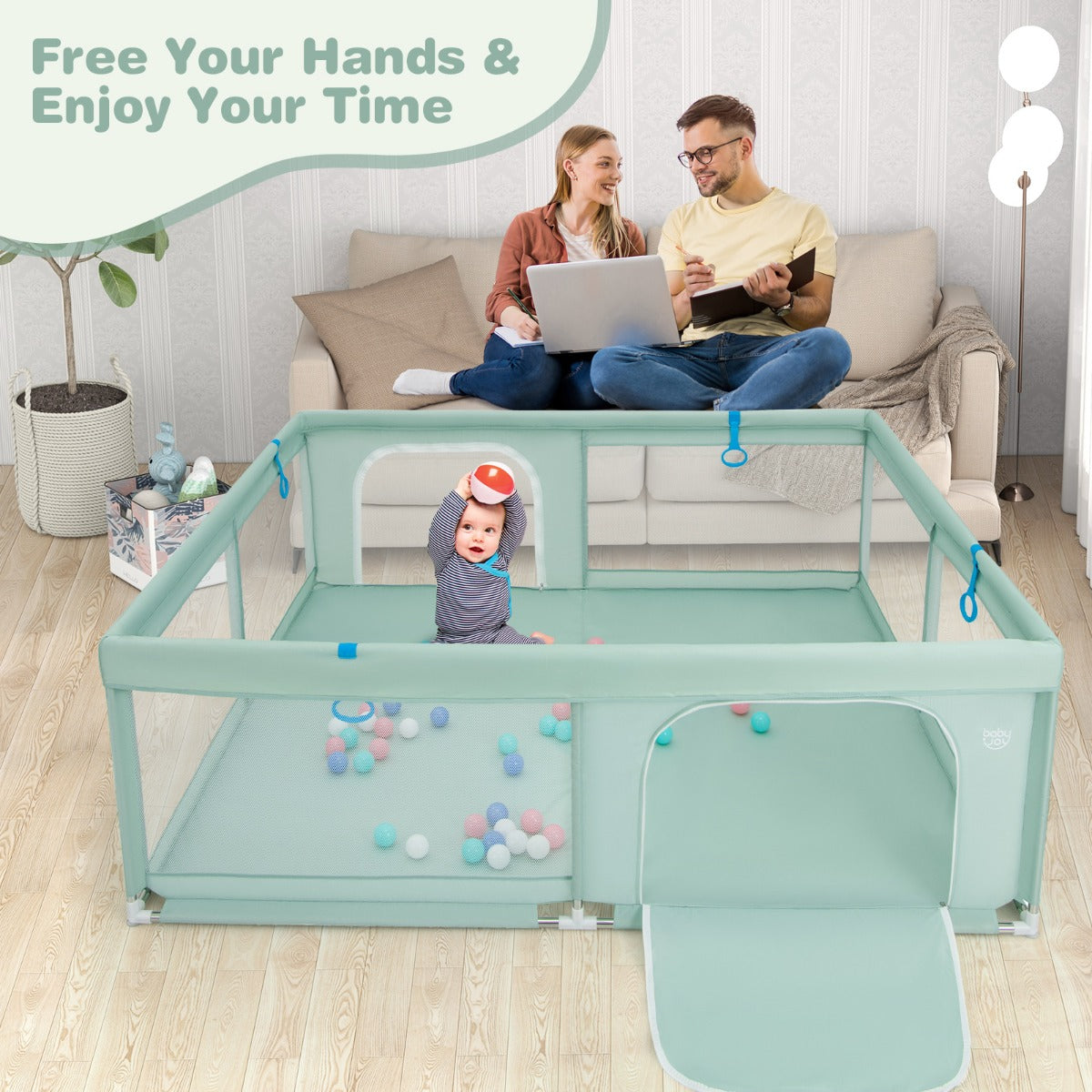 LIVSK Extra Grote Babybox met 50 Oceaanballen - Ademend Mesh - 4 Handgrepen - Veilig en Ruim - 200 x 180 x 68 cm - Groen