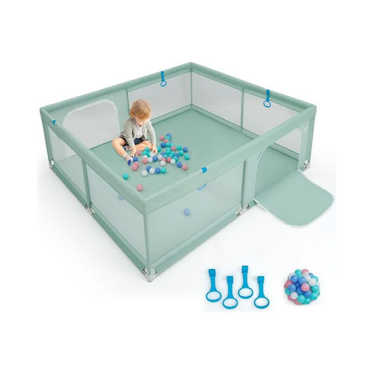 LIVSK Extra Grote Babybox met 50 Oceaanballen - Ademend Mesh - 4 Handgrepen - Veilig en Ruim - 200 x 180 x 68 cm - Groen