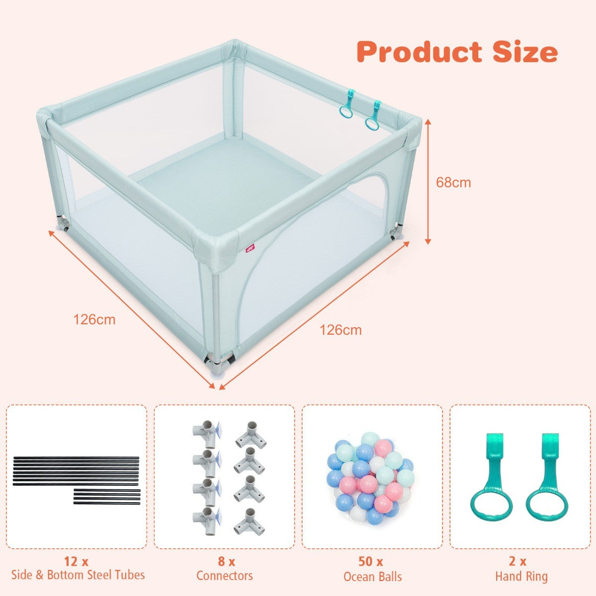 LIVSK Baby Speelbox - Veilige Speelruimte - Ademend Gaas - Duurzaam Stalen Frame - Inclusief 50 Oceaanballen - 126 x 126 x 68 cm