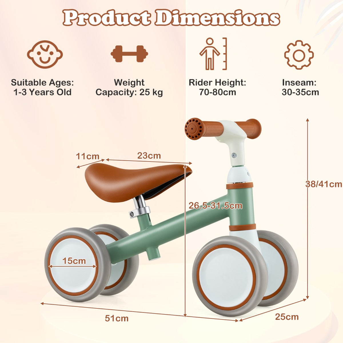 LIVSK Babyloopfiets Peuterloopfiets - In hoogte verstelbaar Stuur en Zadel - 4-wiel Stabiliteit - Antislip Handgrepen - Groen