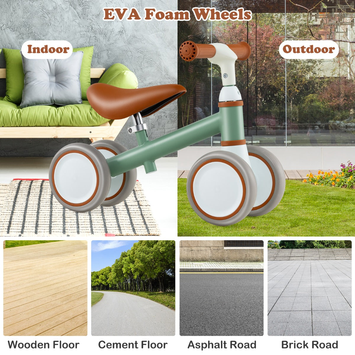 LIVSK Babyloopfiets Peuterloopfiets - In hoogte verstelbaar Stuur en Zadel - 4-wiel Stabiliteit - Antislip Handgrepen - Groen
