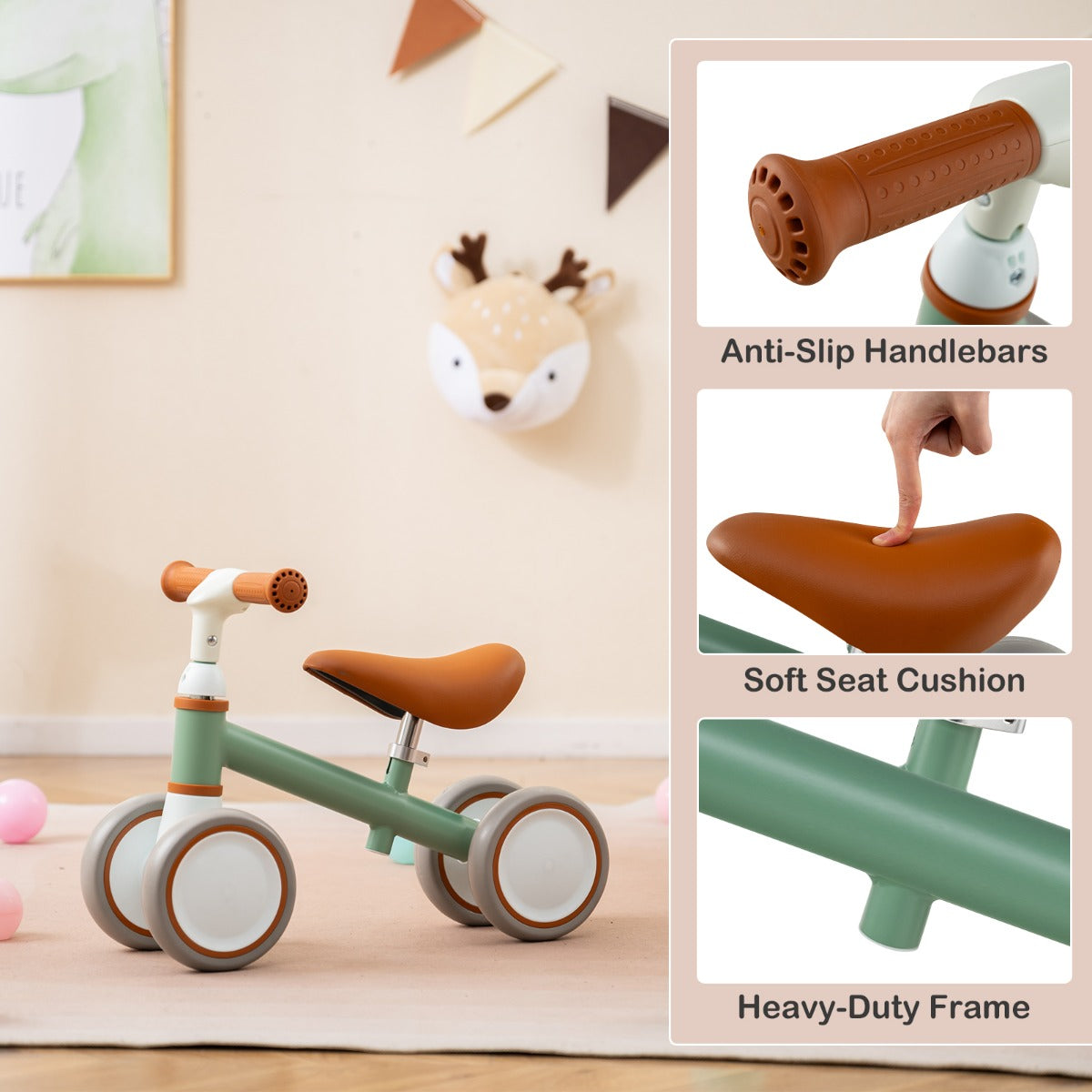 LIVSK Babyloopfiets Peuterloopfiets - In hoogte verstelbaar Stuur en Zadel - 4-wiel Stabiliteit - Antislip Handgrepen - Groen