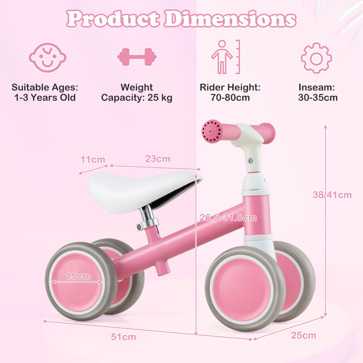LIVSK Babyloopfiets - Verstelbaar Stuur & Zadel - 4-Wiel Stabiliteit - Antislip Handgrepen - Voor 1-3 Jaar - Groen/Roze