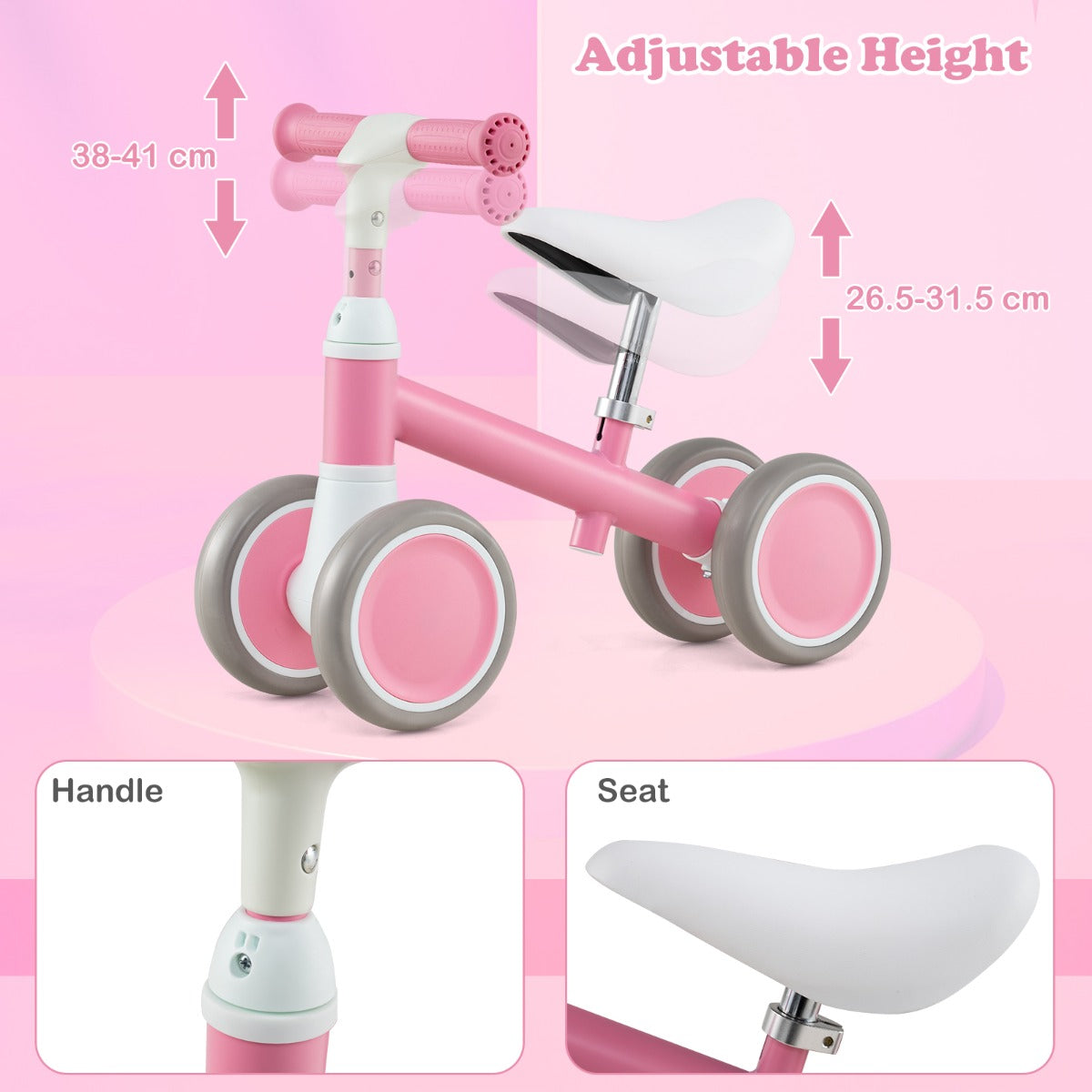 LIVSK Babyloopfiets - Verstelbaar Stuur & Zadel - 4-Wiel Stabiliteit - Antislip Handgrepen - Voor 1-3 Jaar - Groen/Roze