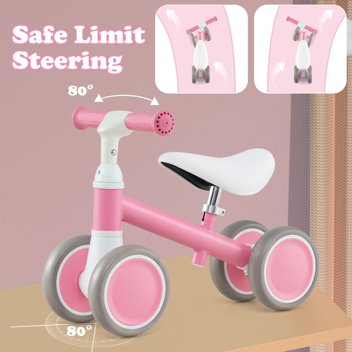 LIVSK Babyloopfiets - Verstelbaar Stuur & Zadel - 4-Wiel Stabiliteit - Antislip Handgrepen - Voor 1-3 Jaar - Groen/Roze