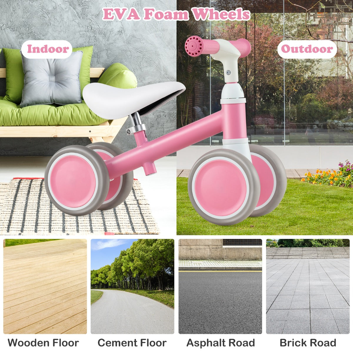 LIVSK Babyloopfiets - Verstelbaar Stuur & Zadel - 4-Wiel Stabiliteit - Antislip Handgrepen - Voor 1-3 Jaar - Groen/Roze