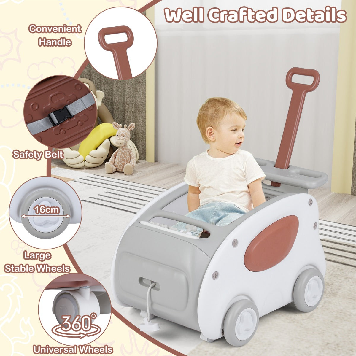 Livsk costway babyloopwagen 2 in 1 loopwagen met wielen opklapbaar zitje en veiligheidsgordel 6